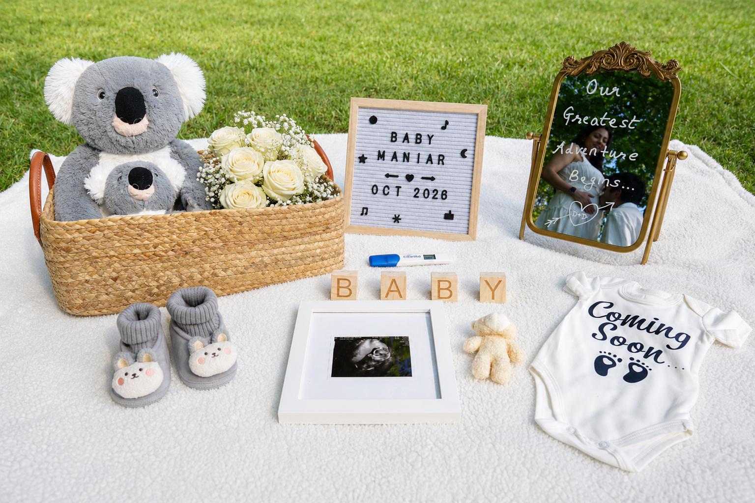 Flat-lay of baby gifts, koala plush, and a 'Baby Maniar — Oct 2026' letterboard